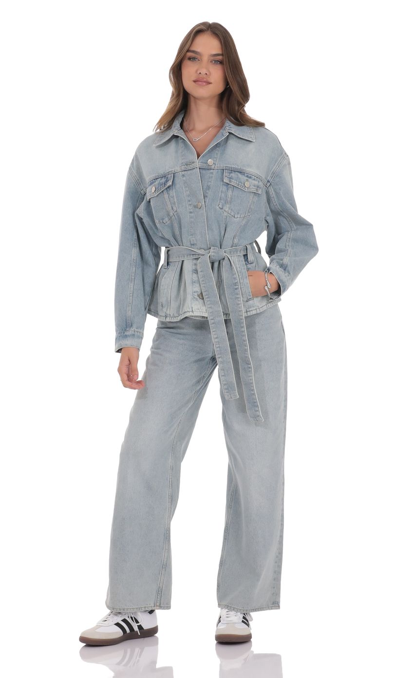 Product image for Oversized Belted Denim Jacket in Light Blue