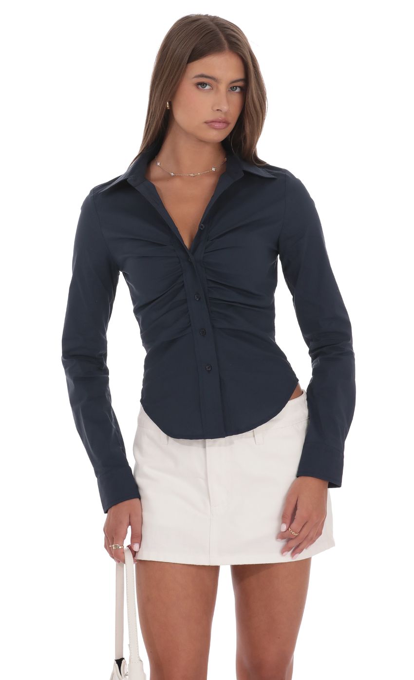 Product image for Ruched Button-Up Shirt in Navy