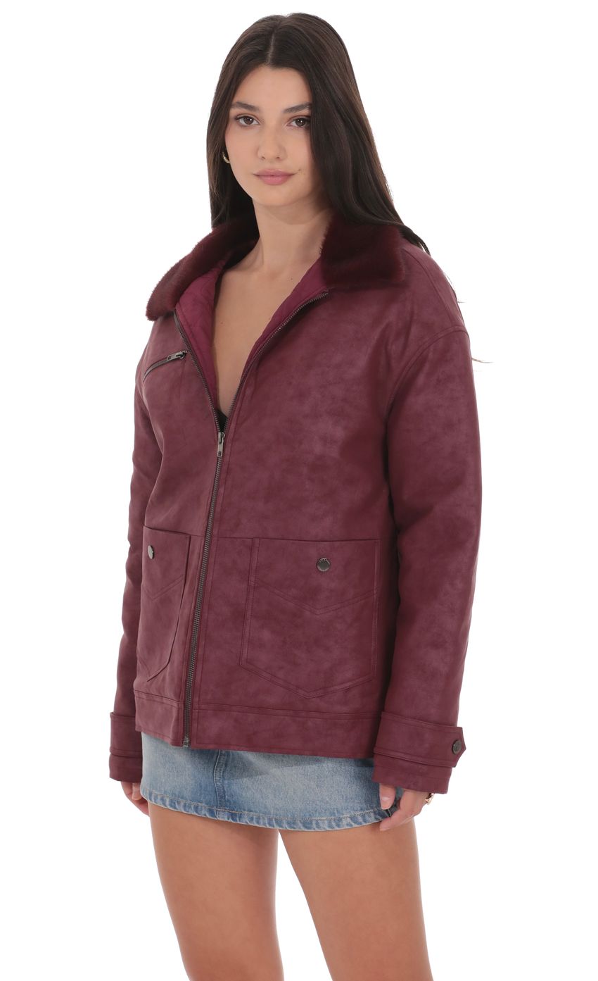 Product image for Oversized Fur Collar Jacket in Burgundy