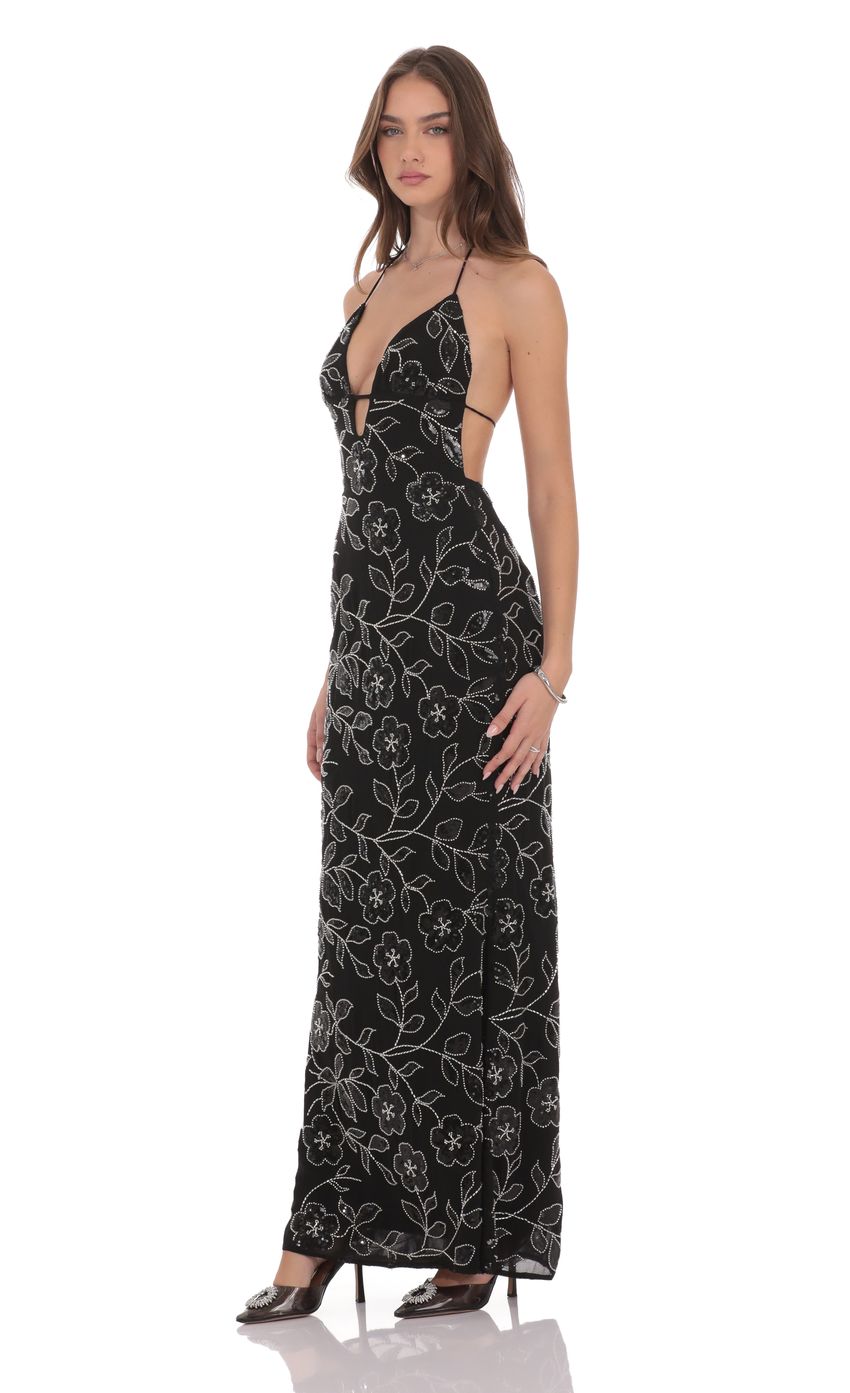 Product image for Sequin Floral Punge Maxi Dress in Black