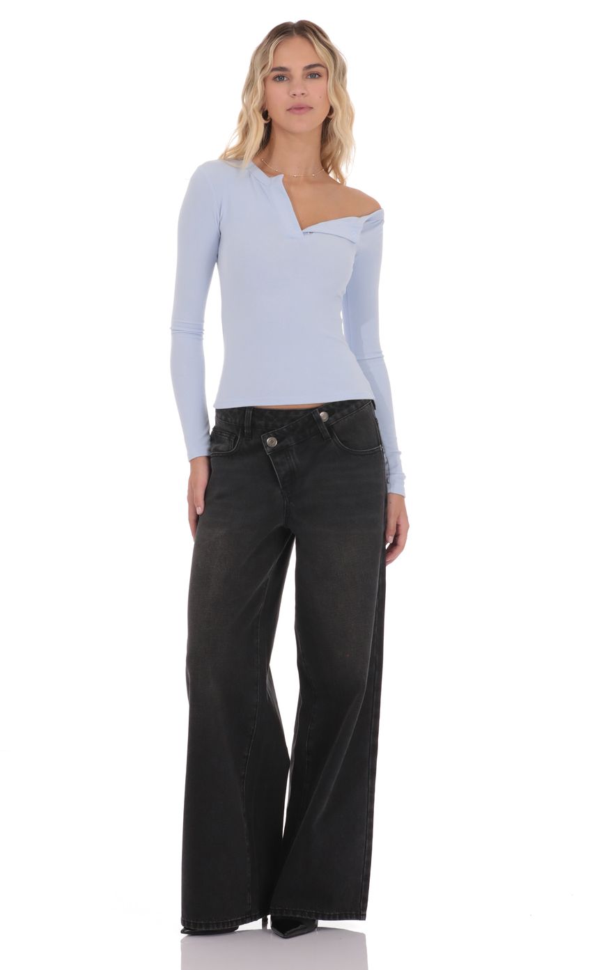 Product image for Off Shoulder Henley Top in Light Blue