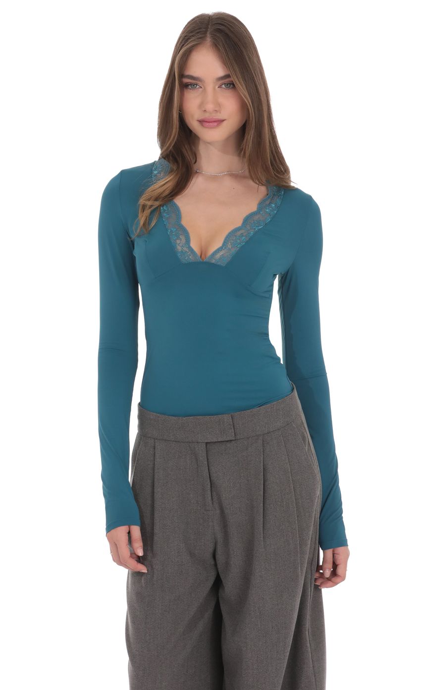 Product image for Lace V-Neck Top in Teal