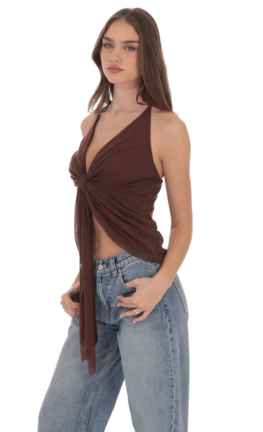 Product image for Mesh Plunge Two-Piece Tie Top in Brown