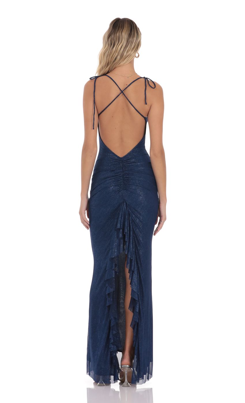 Product image for Foil Back Ruffle Maxi Dress in Navy