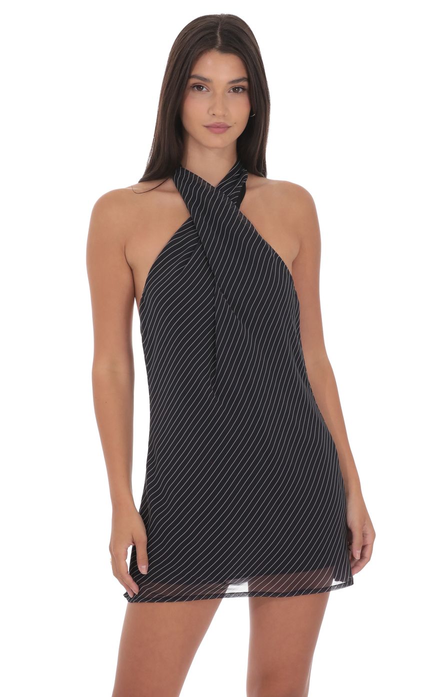 Product image for Pinstripe Cross Halter Dress in Black