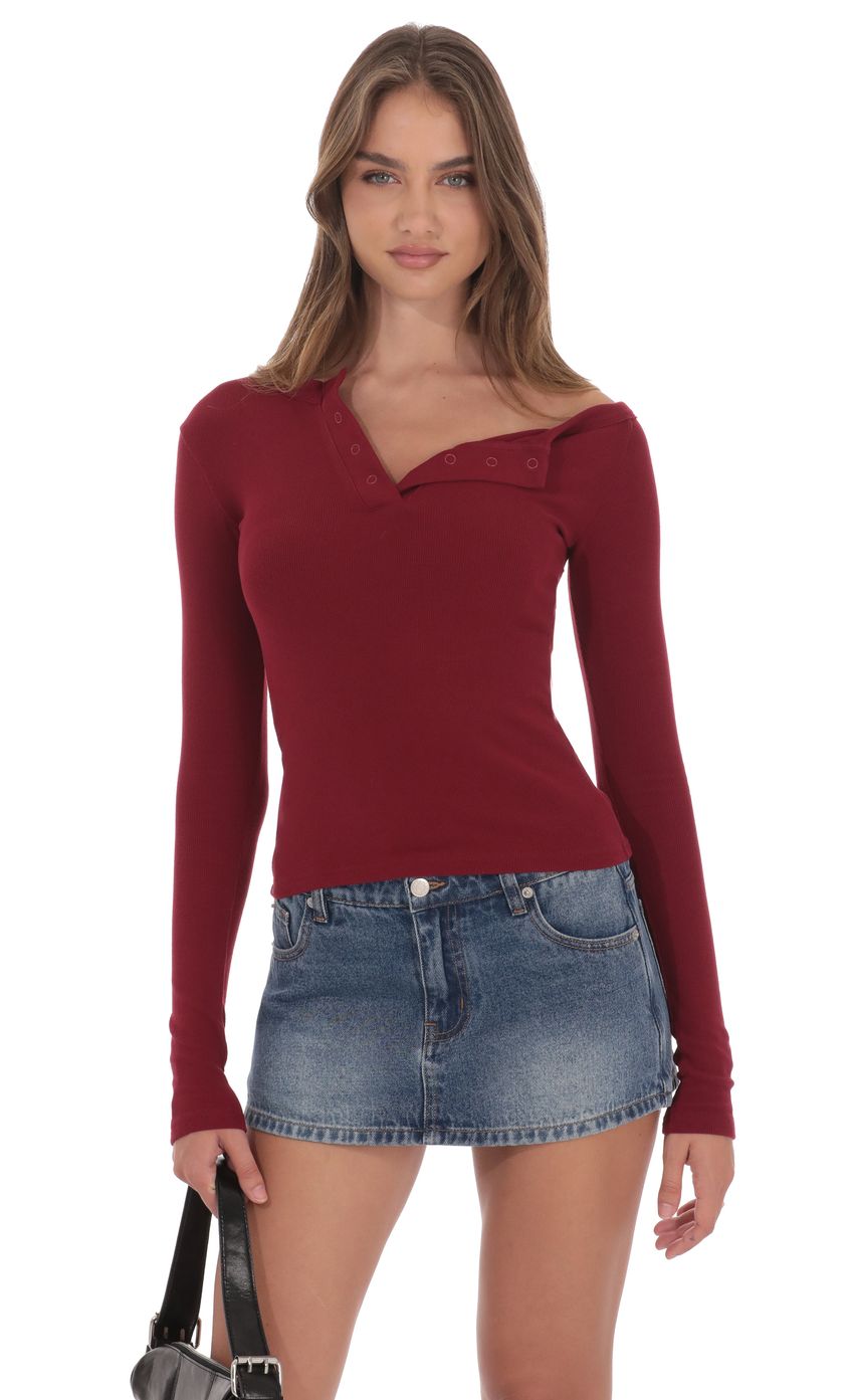 Product image for Off Shoulder Henley Top in Maroon