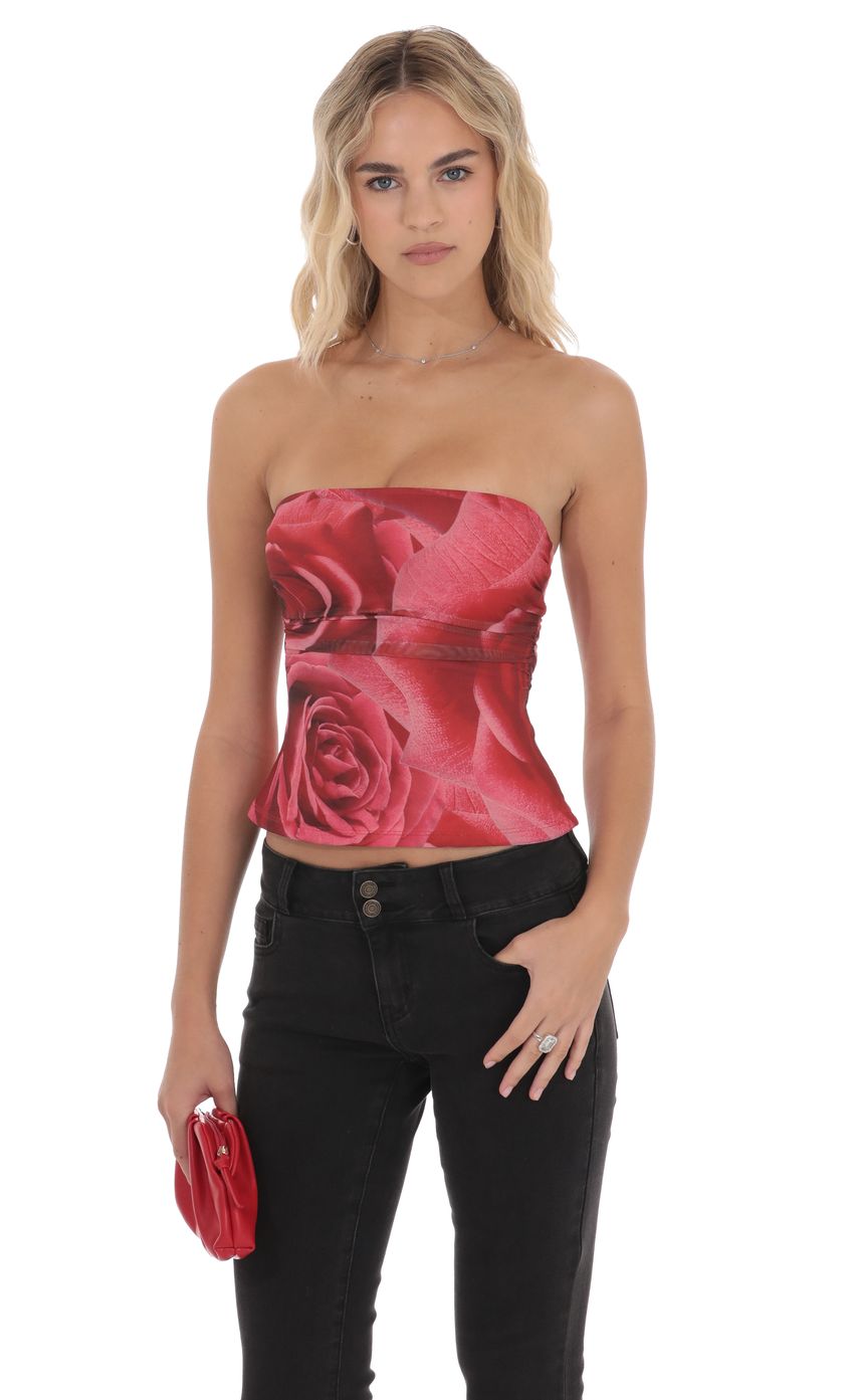 Product image for Mesh Rose Ruched Tube Top in Red