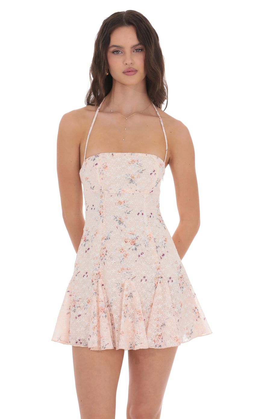 Picture Floral Eyelet Halter Flare Dress in Pastel Pink. Source: https://media-img.lucyinthesky.com/data/product-media/850xAUTO/4d48f6c3-989d-407b-834f-011bc641e040.jpg