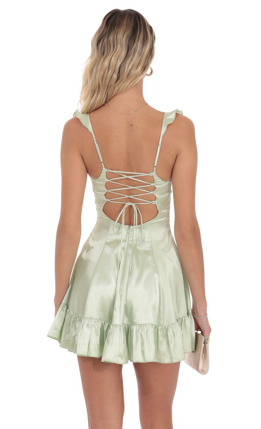 Product image for Satin Ruffle Fit and Flare Dress in Pastel Green