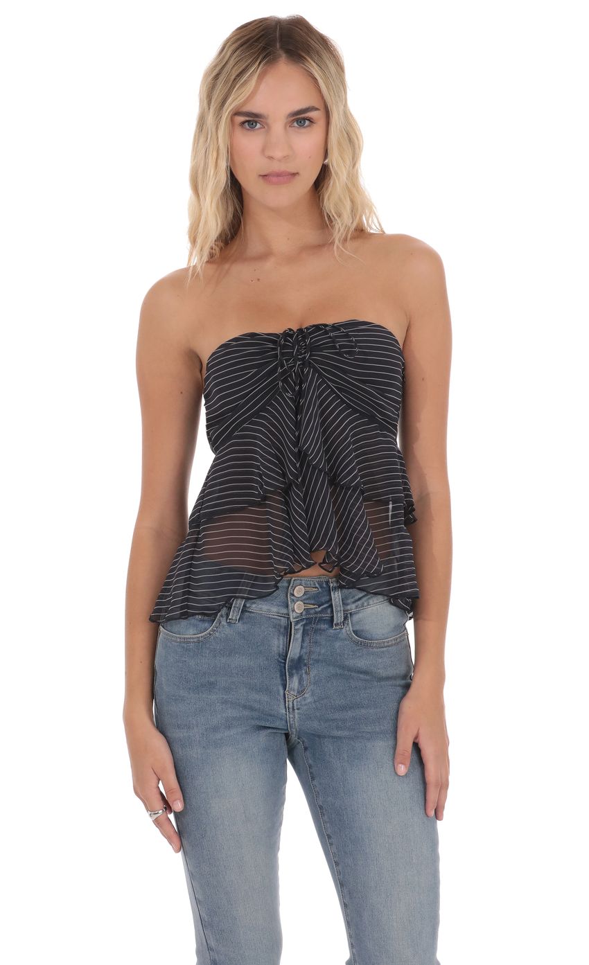 Product image for Striped Chiffon Strapless Ruffle Top in Black