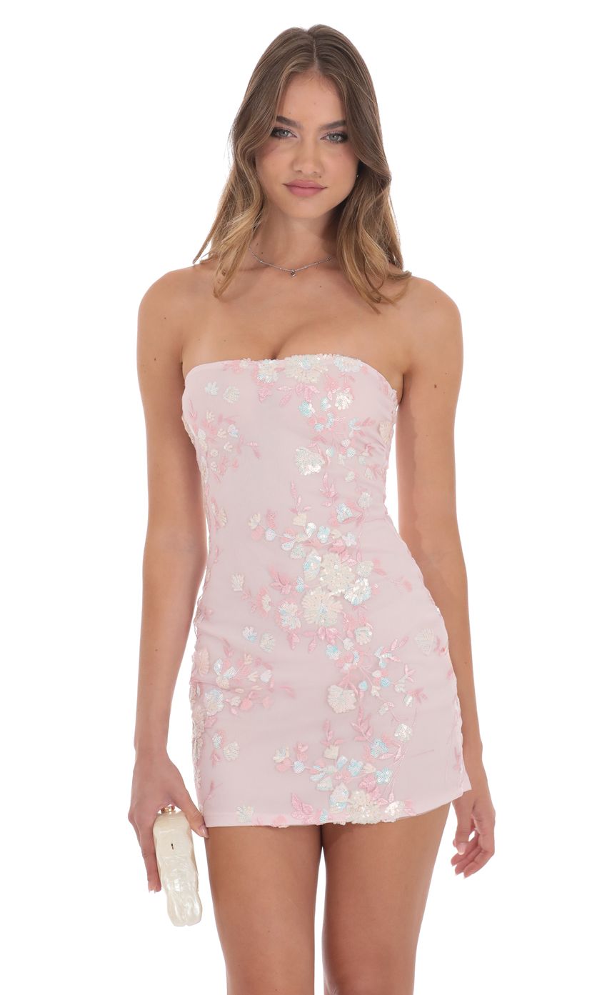 Picture Strapless Floral Sequin Bodycon Dress in Pink. Source: https://media-img.lucyinthesky.com/data/product-media/850xAUTO/4e0b129b-bf74-45b2-807b-21fab162d109.jpg
