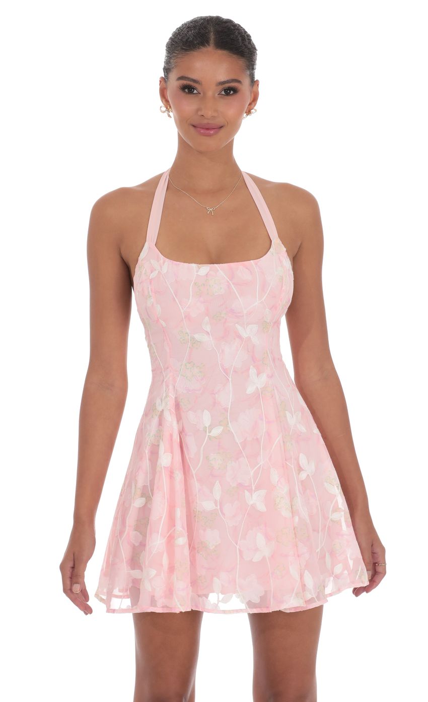 Picture Floral Halter Open Back Dress in Pink. Source: https://media-img.lucyinthesky.com/data/product-media/850xAUTO/4f688c75-d319-45a0-9472-fa16232105be.jpg
