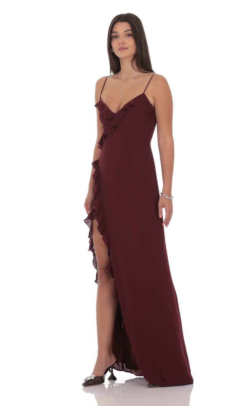 Product image for Ruffle V-Neck Maxi Dress in Burgundy