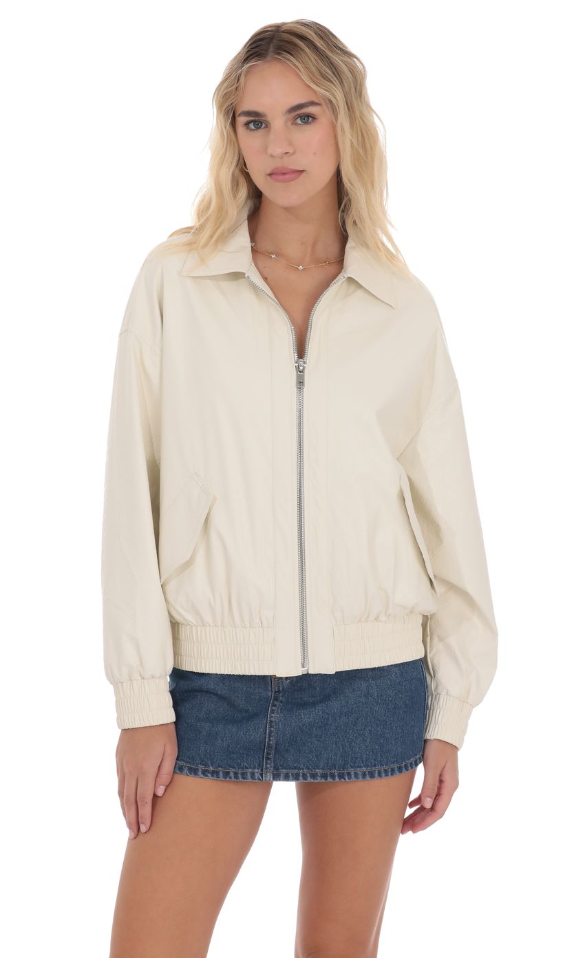 Product image for Woven Faux Leather Bomber Jacket in Ivory