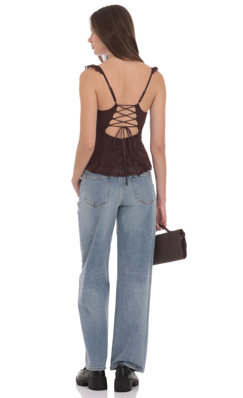 Product image for Lace Ruffle Strap Top in Brown