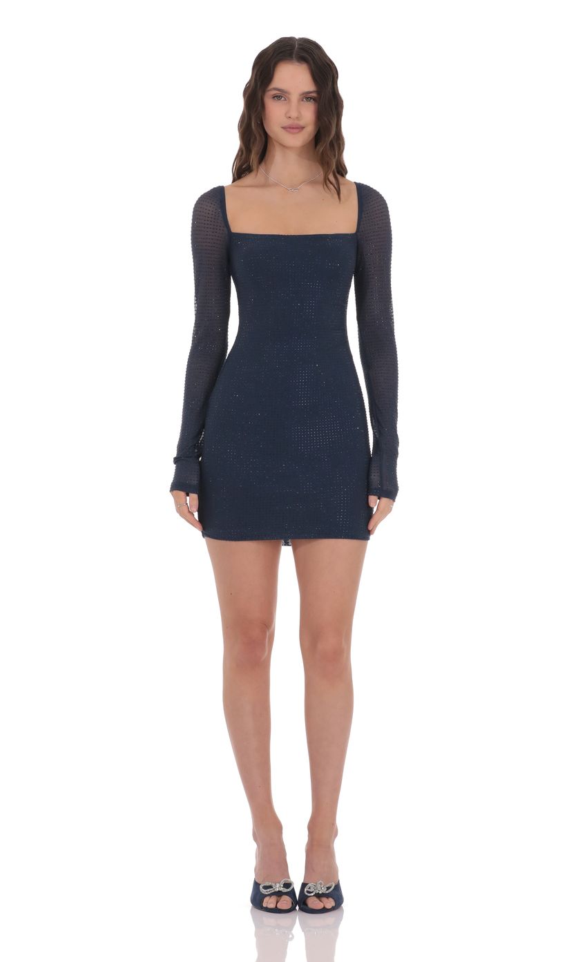 Product image for Rhinestone Long Sleeve Dress in Navy