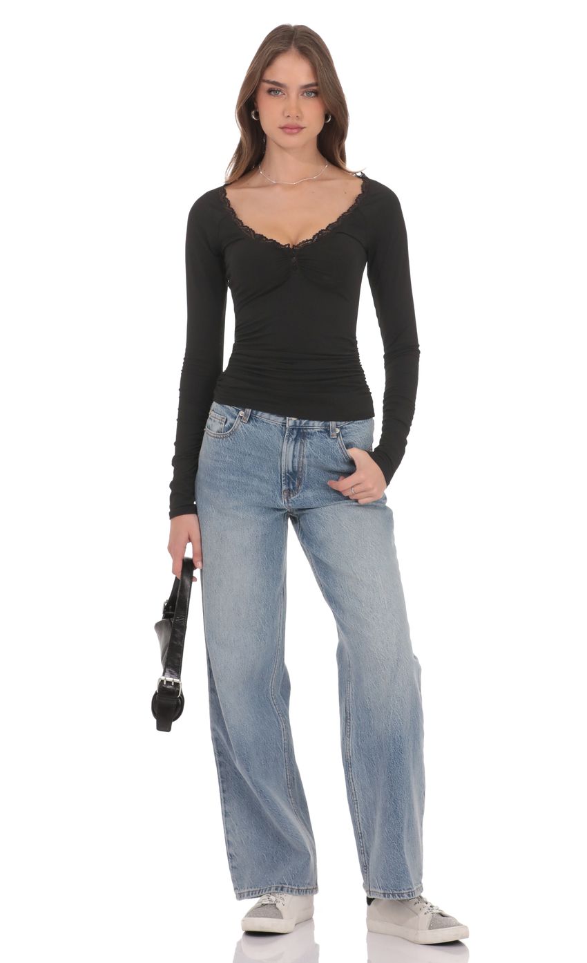 Product image for Lace Trim Long Sleeve Top in Black