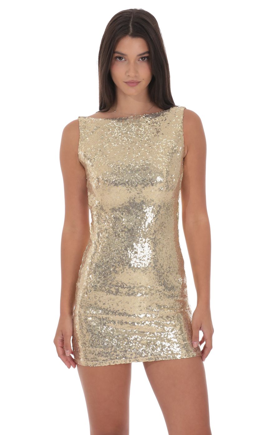 Product image for Sequin High Neck Open Back Dress in Gold