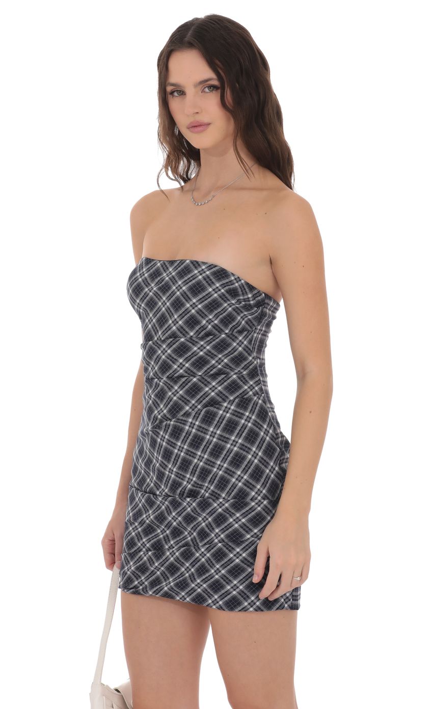 Product image for Plaid Strapless Bodycon Dress in Navy