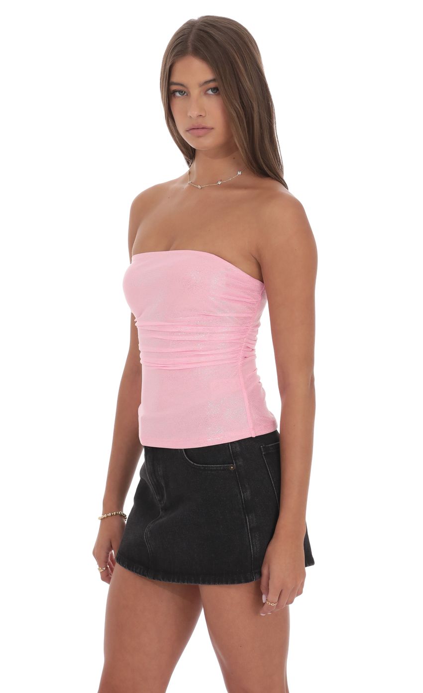 Product image for Foil Mesh Ruched Tube Top in Pink