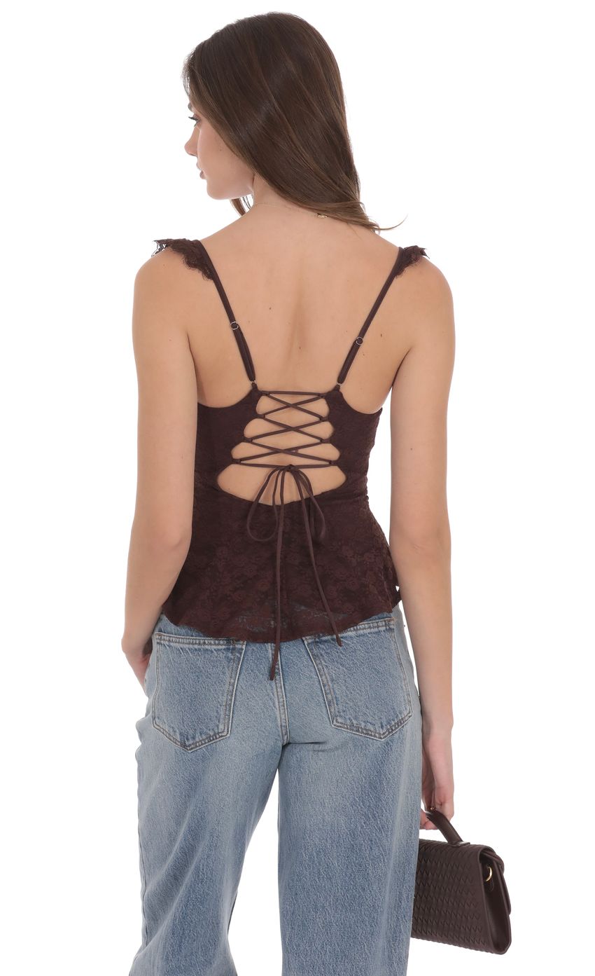 Product image for Lace Ruffle Strap Top in Brown