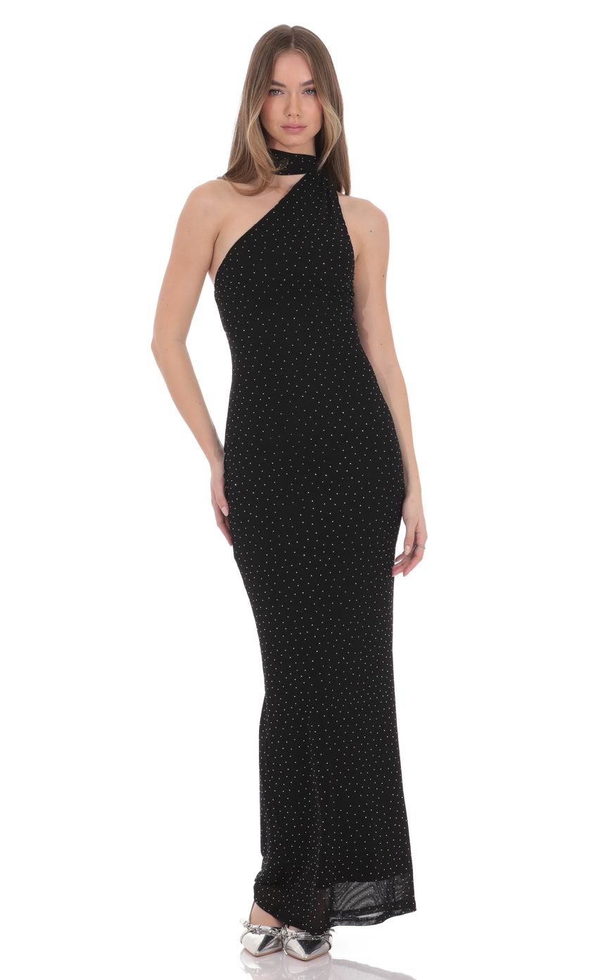 Product image for Scarf Ribbed Rhinestone Maxi Dress in Black