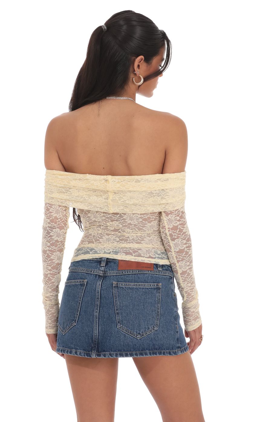 Picture Lace Off Shoulder Top in Yellow. Source: https://media-img.lucyinthesky.com/data/product-media/850xAUTO/5442043e-d1eb-4646-8d42-e7fa30ff9d4b.jpg