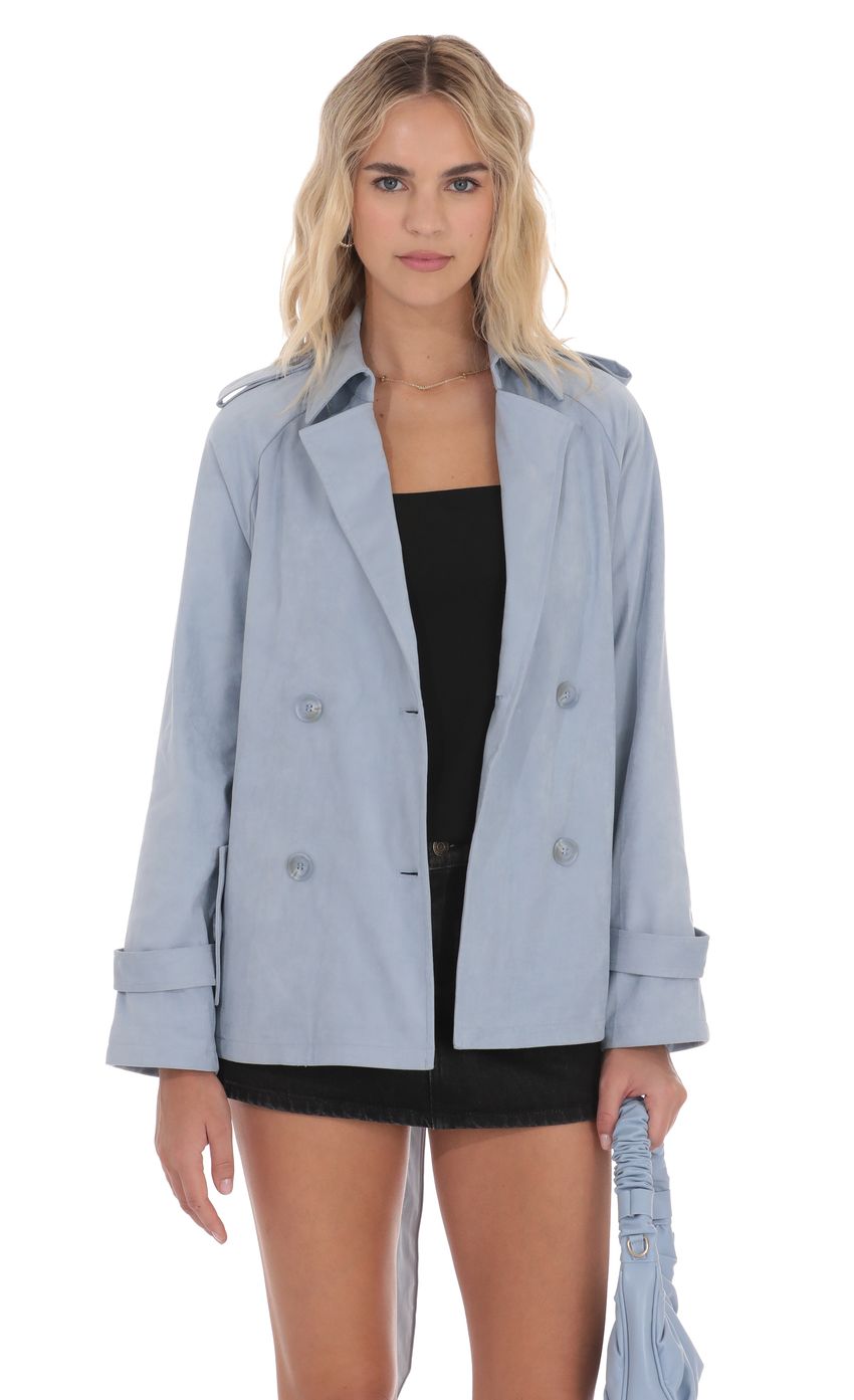 Product image for Suede Double Breasted Trench Coat in Sky Blue