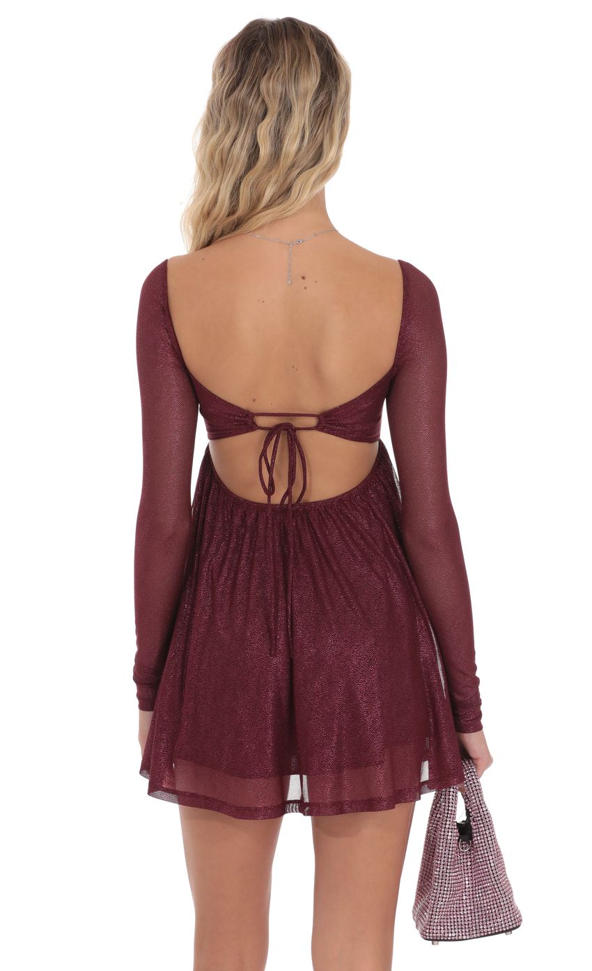 Product image for Foil Long Sleeve Babydoll Dress in Burgundy