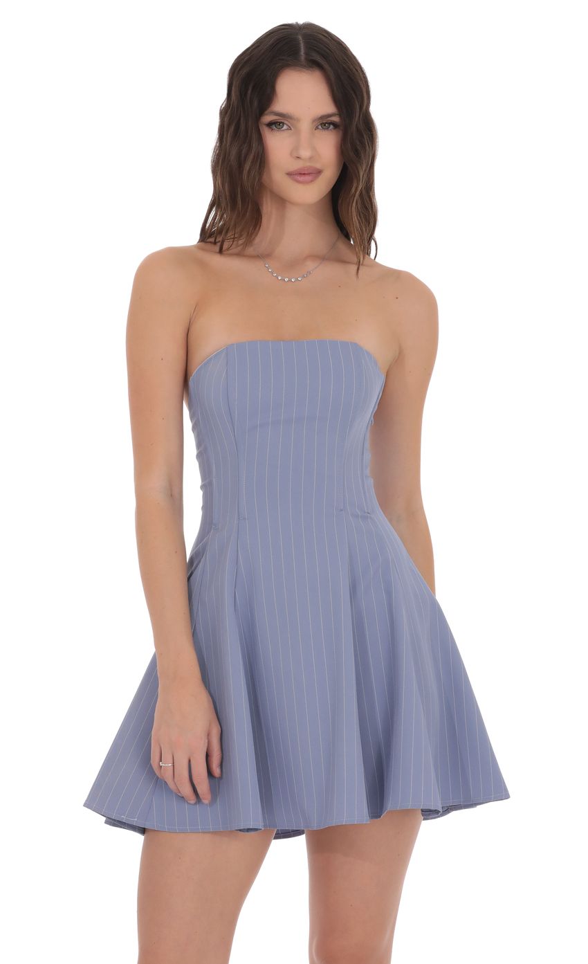 Product image for Pinstripe Corset Strapless Dress in Denim Blue