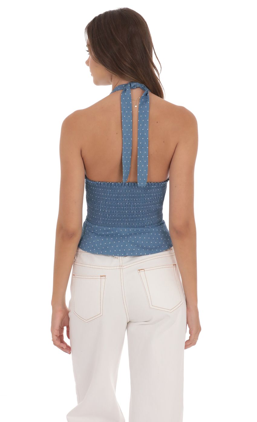Product image for Dotted V-Neck Halter Top in Denim Blue