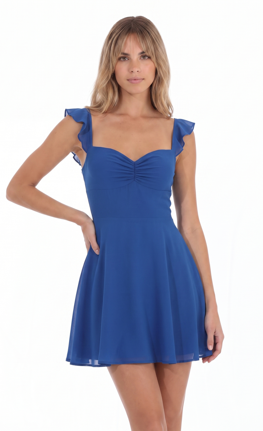 Product image for Ruched Ruffle Lace-Up Mini Dress in Royal Blue