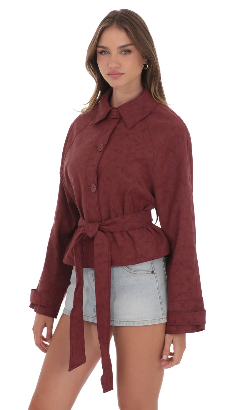 Product image for Suede Belted Leather Jacket in Burgundy