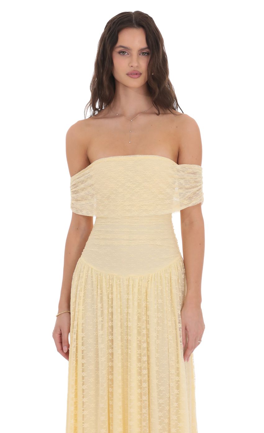 Picture Lace Off Shoulder Maxi Dress in Yellow. Source: https://media-img.lucyinthesky.com/data/product-media/850xAUTO/57d02513-2ca8-4698-ae9f-8529675d0882.jpg