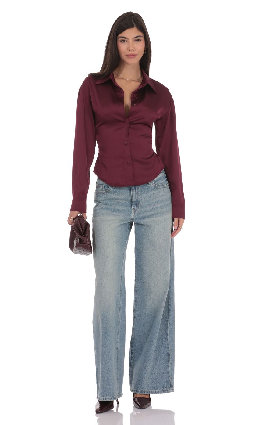 Product image for Satin Button-Up Shirt in Burgundy