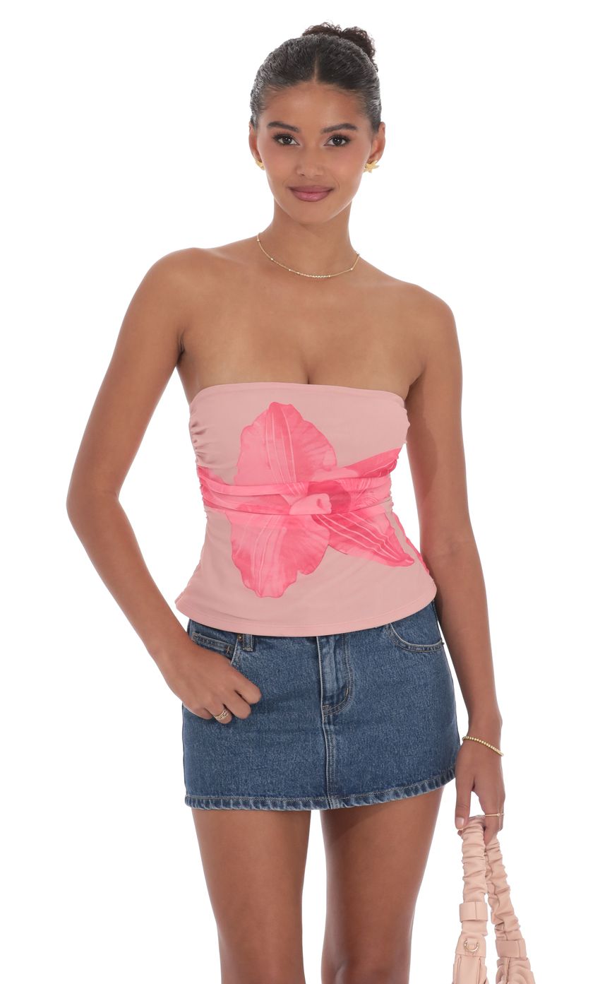 Picture Mesh Floral Ruched Tube Top in Blush Pink. Source: https://media-img.lucyinthesky.com/data/product-media/850xAUTO/59c2f31a-7f24-44b5-bacf-5bdcf643321d.jpg