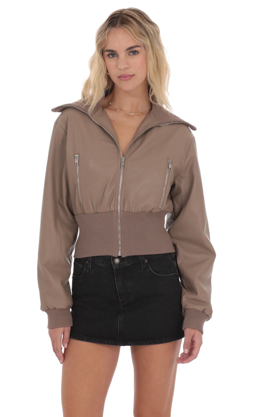 Product image for Cinched Faux Leather Bomber Jacket in Light Brown