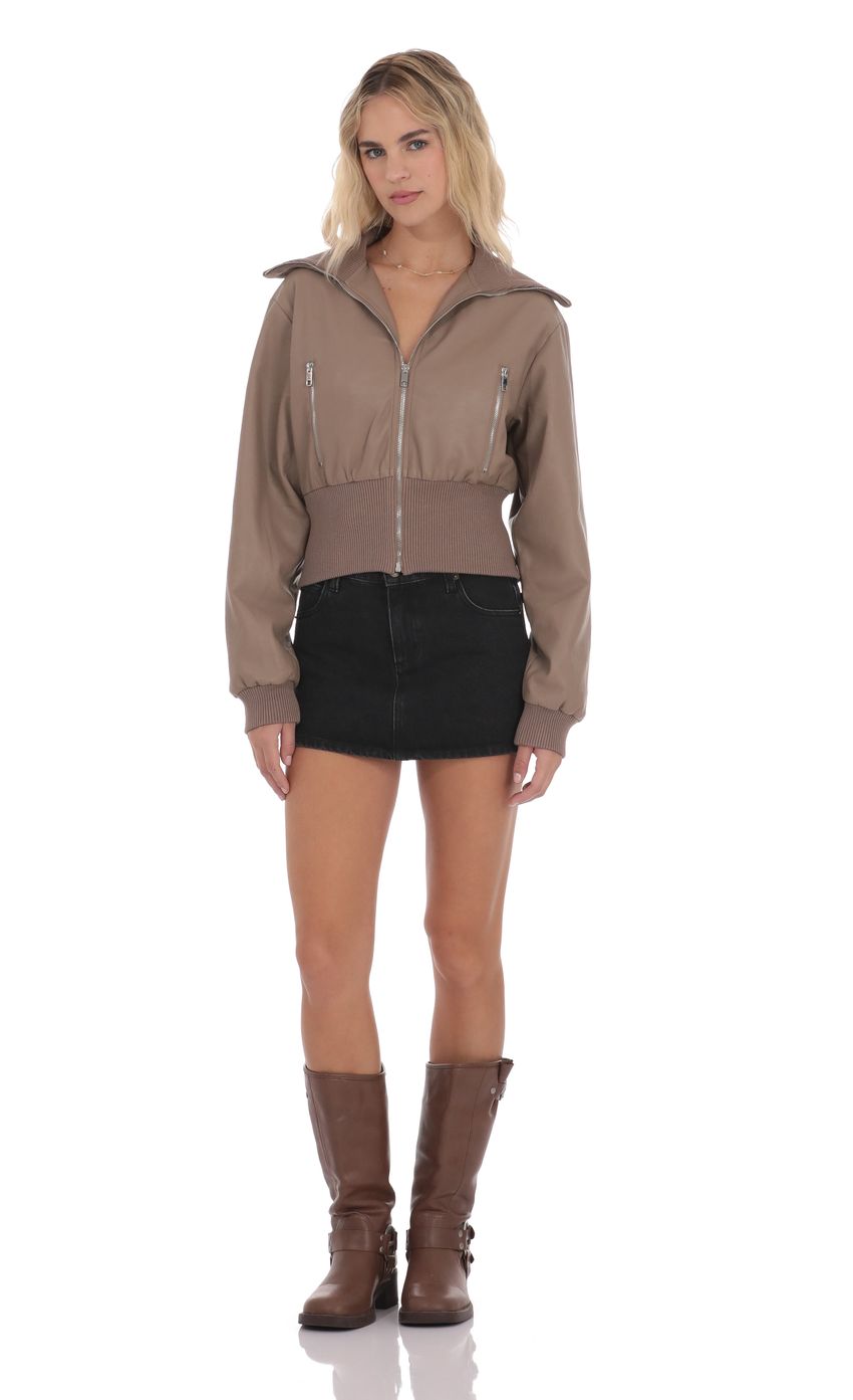 Product image for Cinched Faux Leather Bomber Jacket in Light Brown