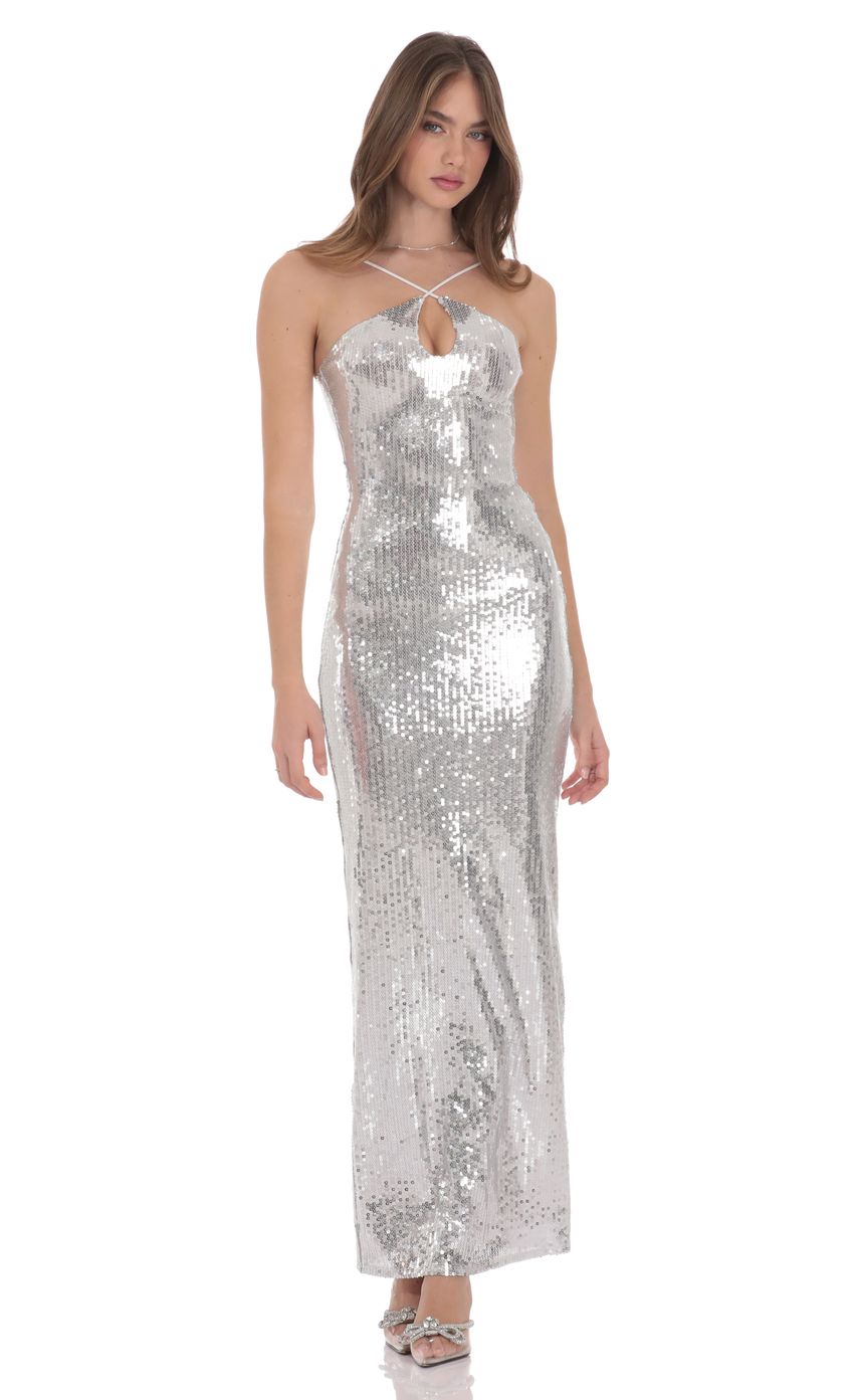 Product image for Sequin Keyhole Maxi Dress in Silver