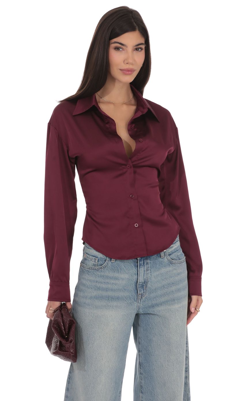 Product image for Satin Button-Up Shirt in Burgundy