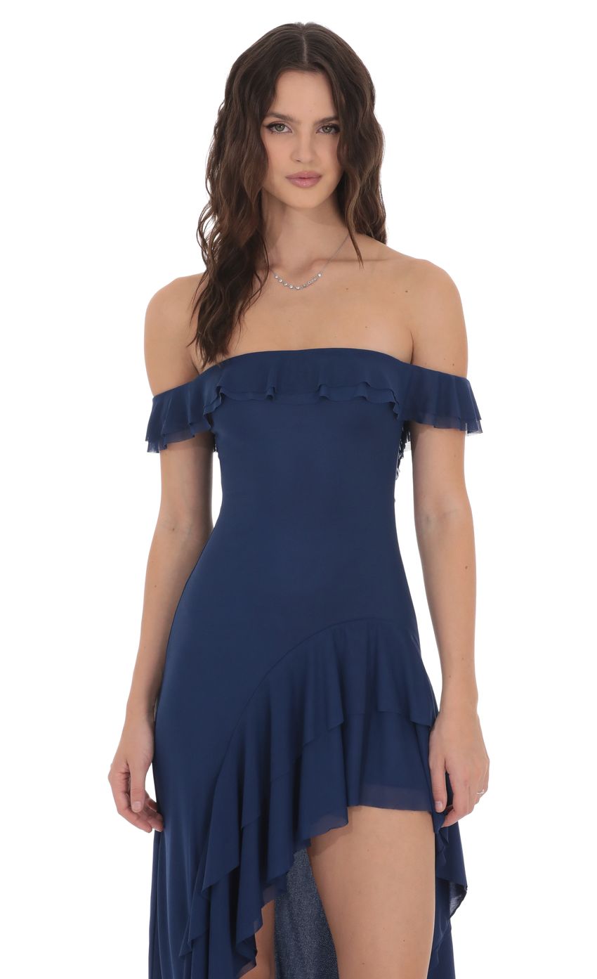 Product image for Off Shoulder Ruffle Maxi Dress in Blue