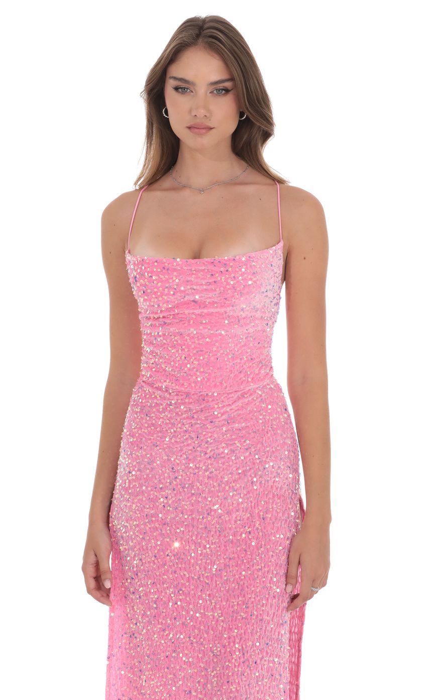 Product image for Cowl Neck Velvet Sequin Maxi Dress in Pink