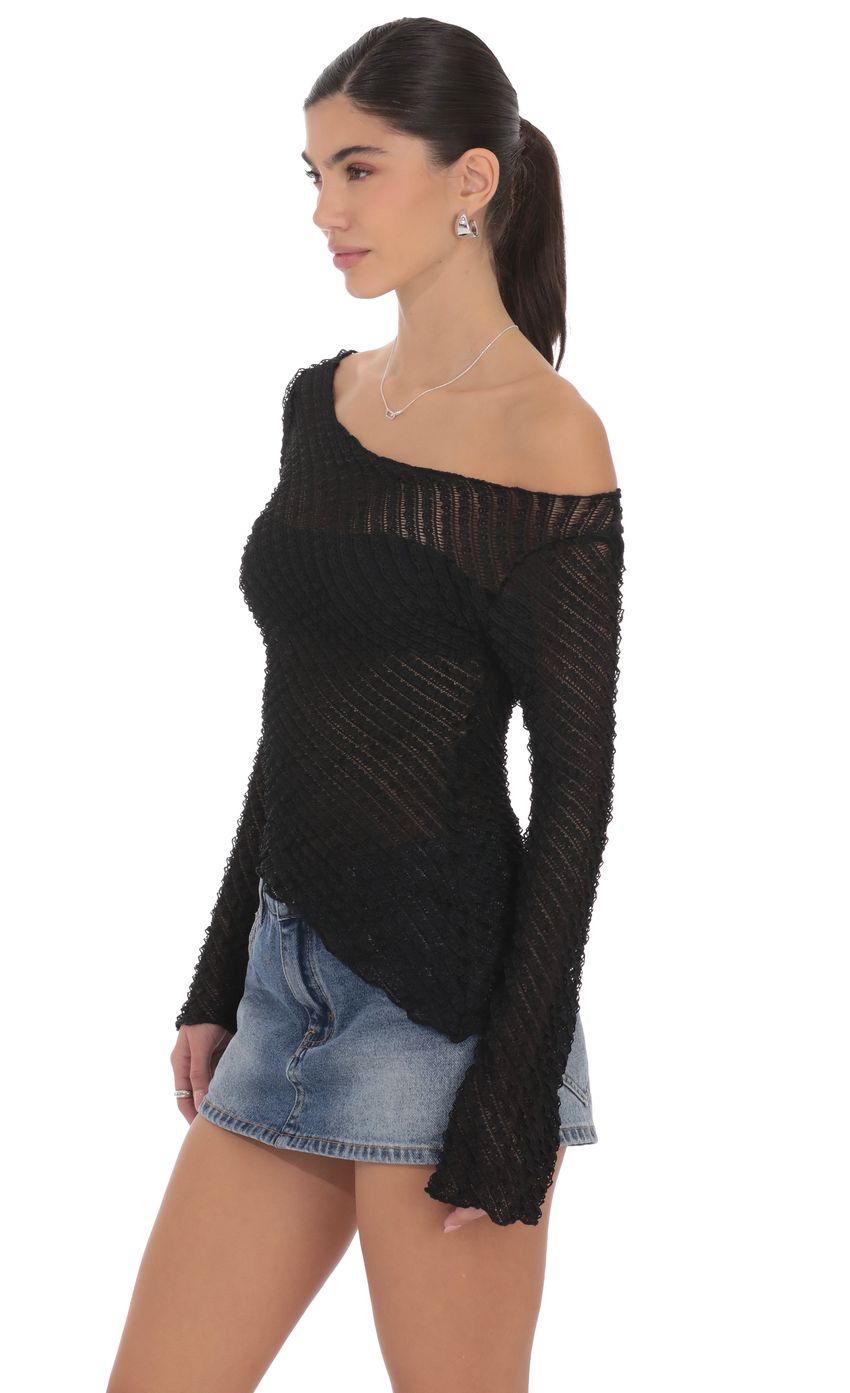 Product image for Ruffle Asymmetrical Sheer Lace Top in Black