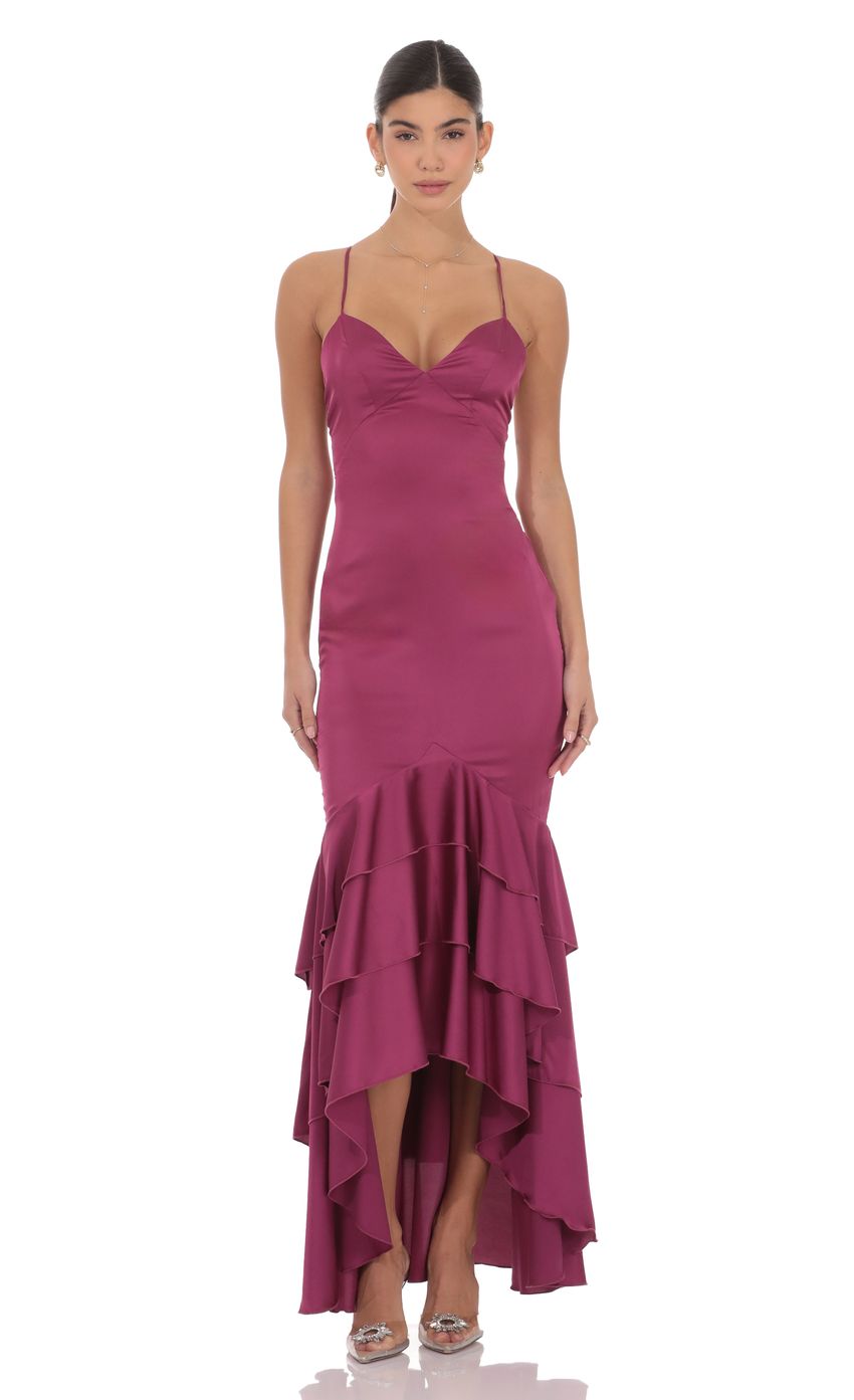 Product image for Satin Ruffle Fishtail Maxi Dress in Magenta