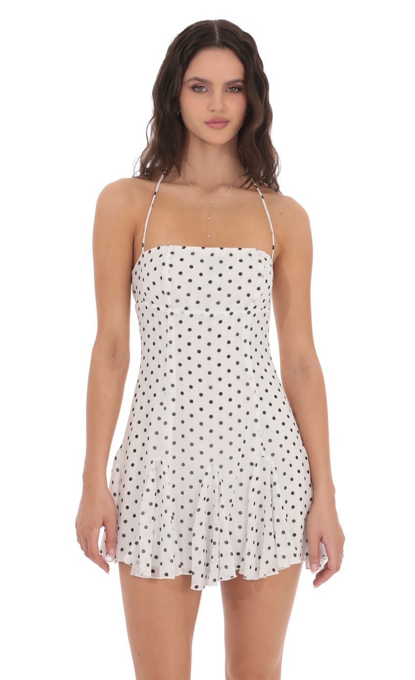 Picture Polka Dot Halter Flare Dress in White. Source: https://media-img.lucyinthesky.com/data/product-media/850xAUTO/5d0d8f31-9568-4dad-92bc-6d42518b27c5.jpg