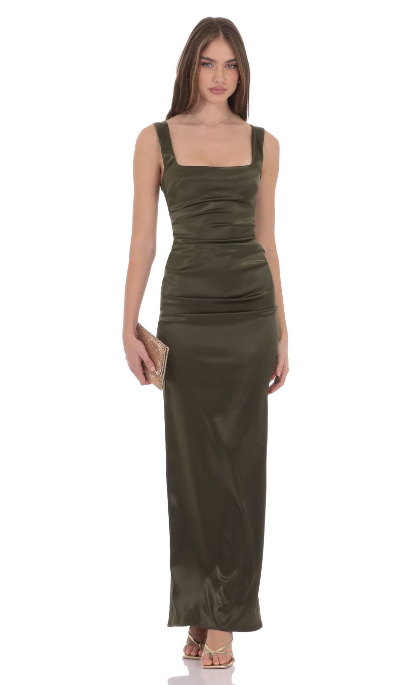 Product image for Satin Bodycon Maxi Dress in Olive Green