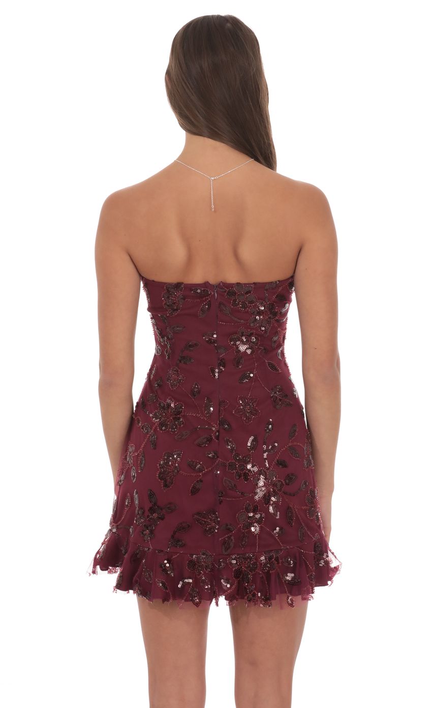 Product image for Strapless Sequin Floral Ruffle Dress in Burgundy