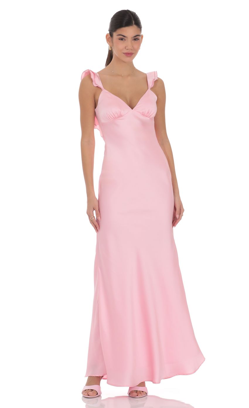 Product image for Satin Ruffle Open Maxi Dress in Pink
