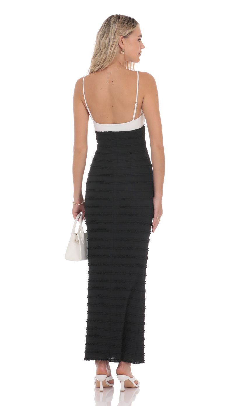Picture Two-Toned Frill Maxi Dress in Black and White. Source: https://media-img.lucyinthesky.com/data/product-media/850xAUTO/6080c8e3-8e9d-46bb-b1b5-edc8e751deec.jpg