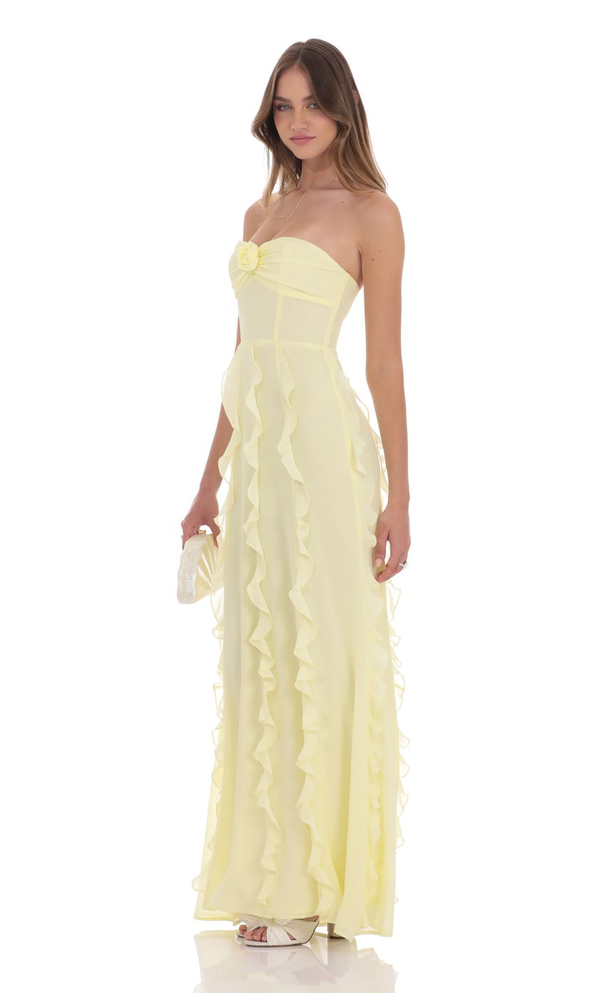 Picture Chiffon Rossette Ruffle Maxi Dress in Yellow. Source: https://media-img.lucyinthesky.com/data/product-media/850xAUTO/60be9577-b3c5-45e9-a25a-8f4f83c9b98b.jpg